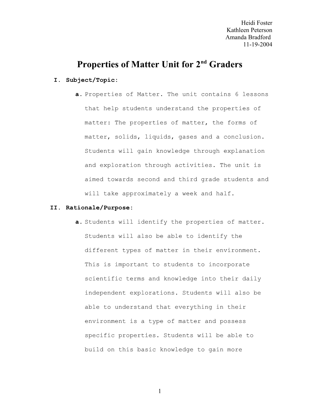 Properties of Matter Unit for 2Nd Graders