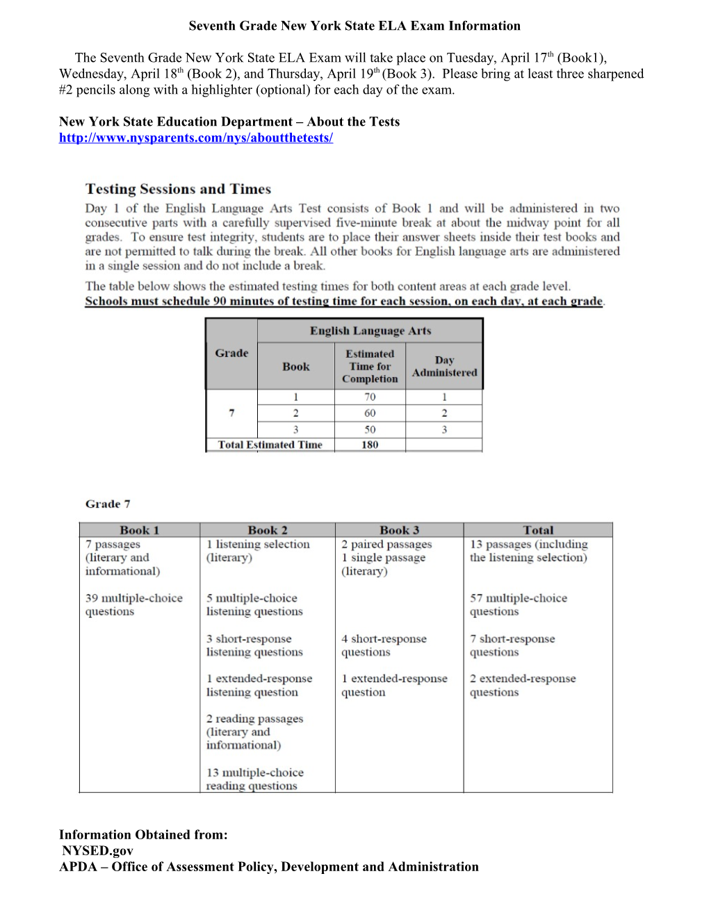 Seventh Grade New York State ELA Exam Preparation