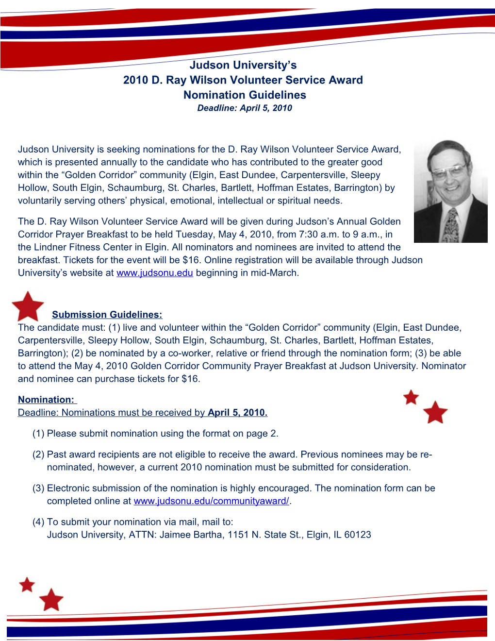Judson University S 2010 D. Ray Wilson Volunteer Service Award Nomination Guidelines Deadline