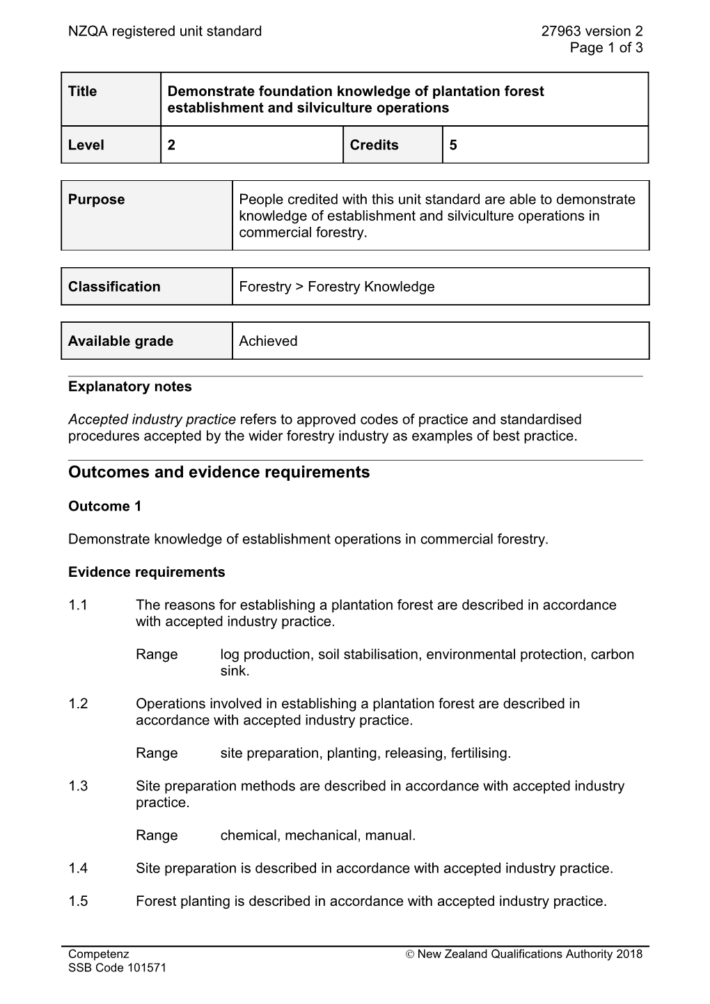 27963 Demonstrate Foundation Knowledge of Plantation Forest Establishment and Silvicultural