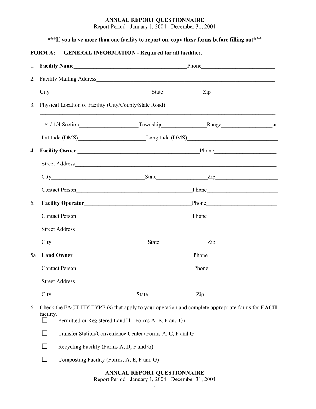 FORM A:GENERAL INFORMATION - Required for All Facilities