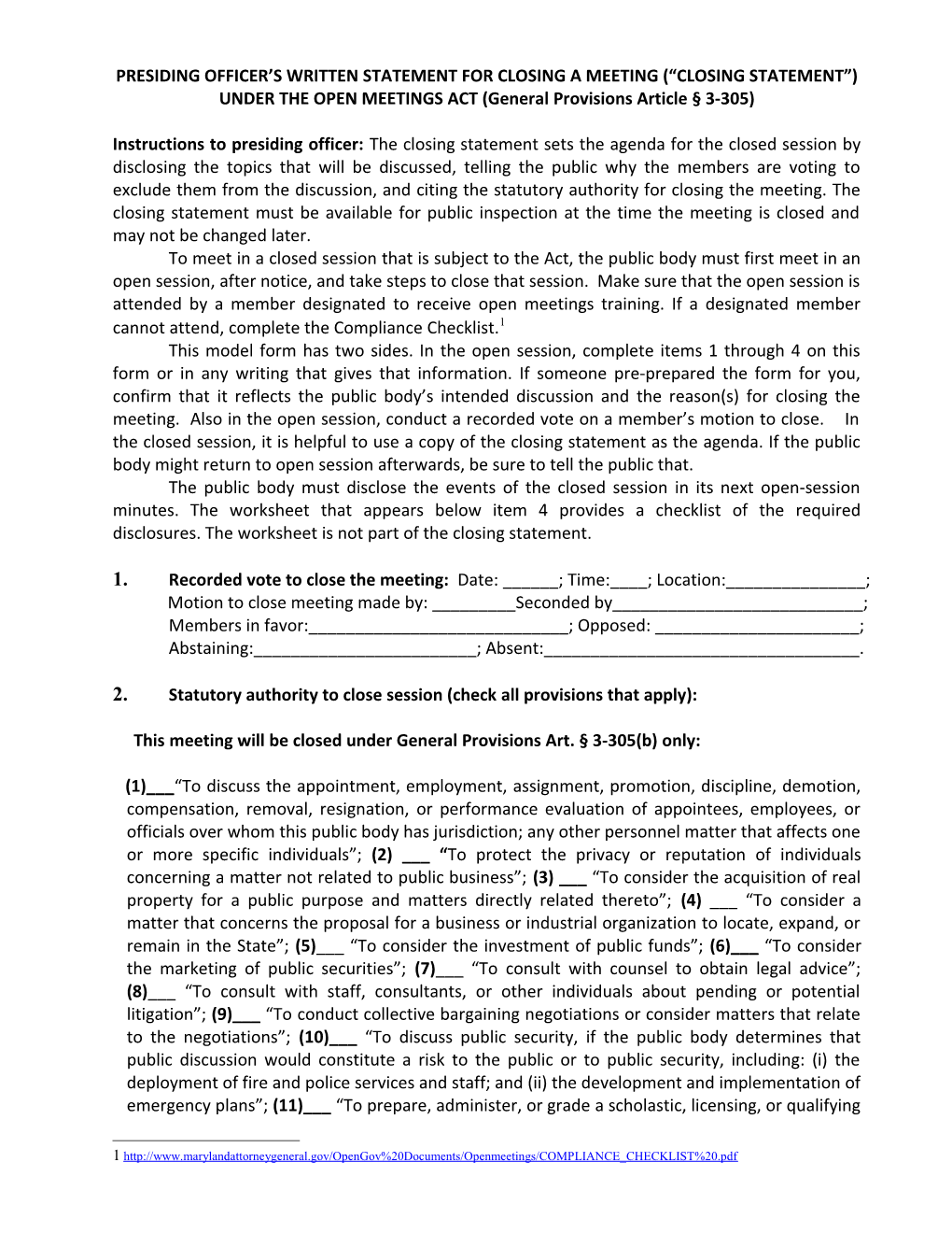 Presiding Officer S Written Statement for Closing a Meeting ( Closing Statement ) Under