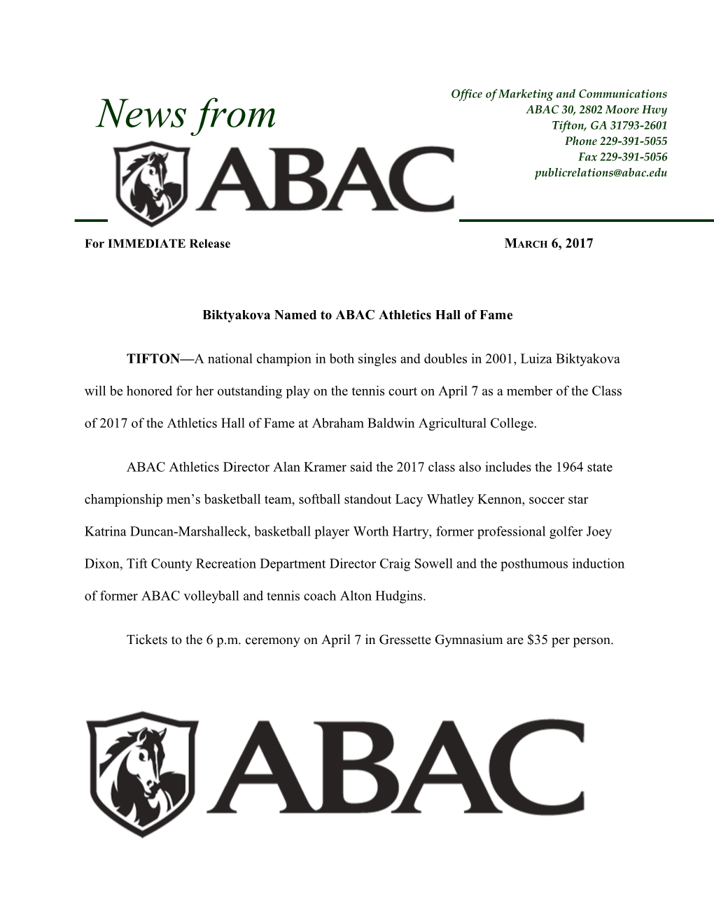 Biktyakova Named to ABAC Athletics Hall of Fame