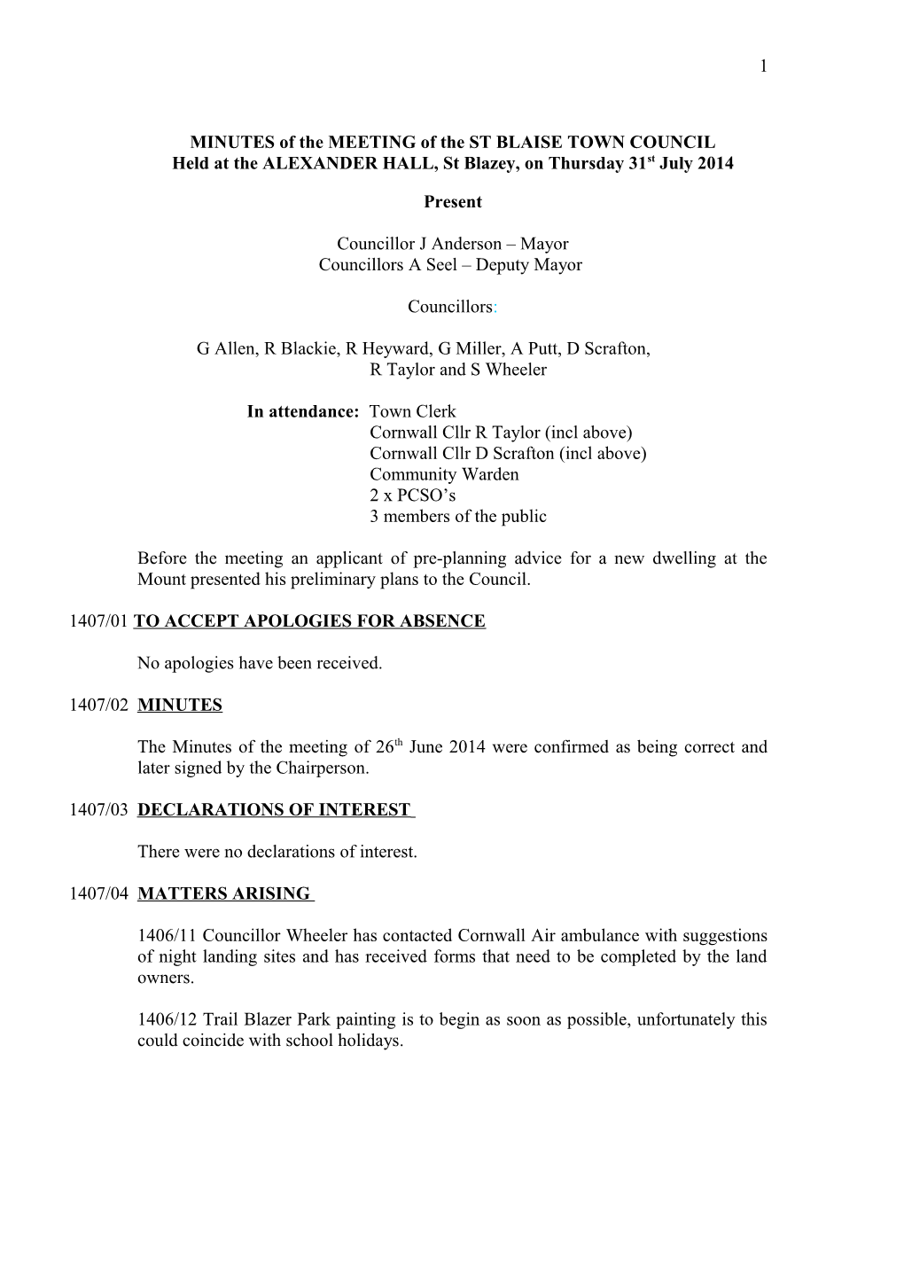 MINUTES of the MEETING of the ST BLAISE TOWN COUNCIL s3