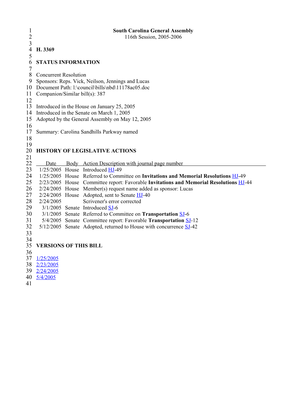 2005-2006 Bill 3369: Carolina Sandhills Parkway Named - South Carolina Legislature Online