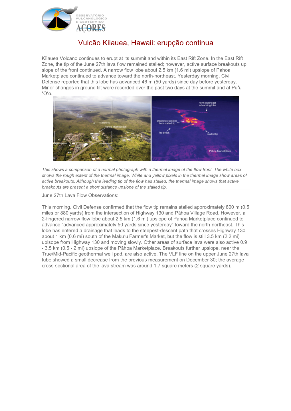 Vulcão Kilauea, Hawaii: Erupção Continua