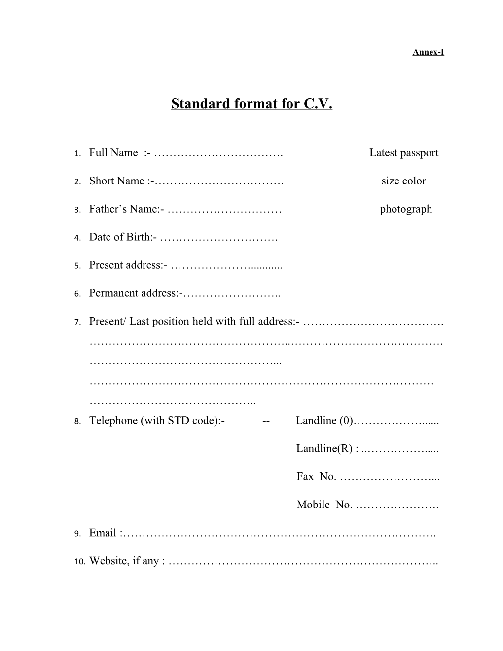 Standard Format for C.V