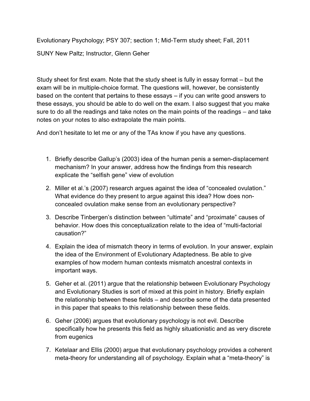 Evolutionary Psychology; PSY 307; Section 1; Mid-Term Study Sheet; Fall, 2011