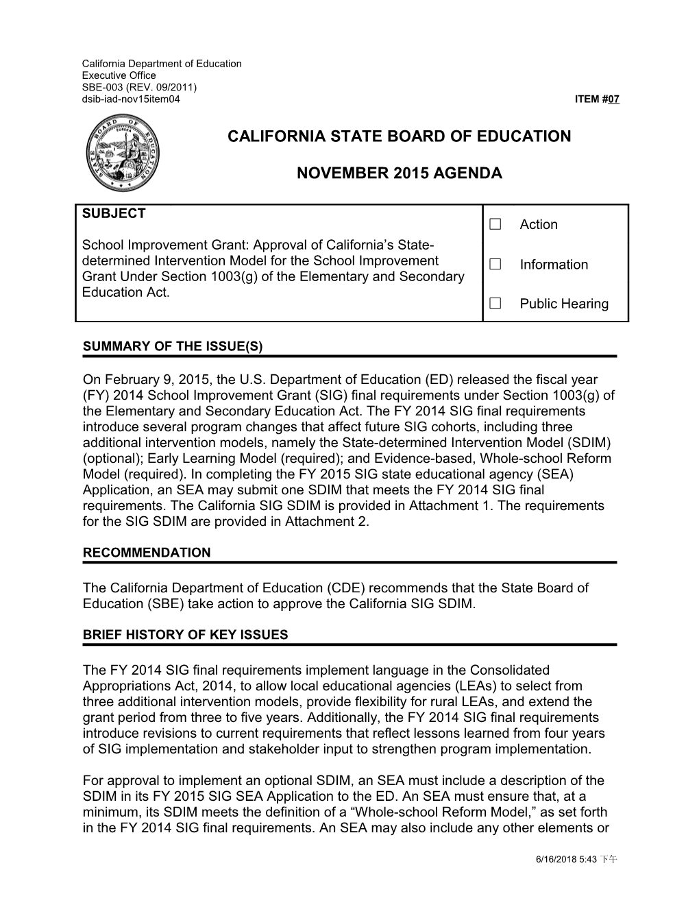 November 2015 Agenda Item 07 - Meeting Agendas (CA State Board of Education)