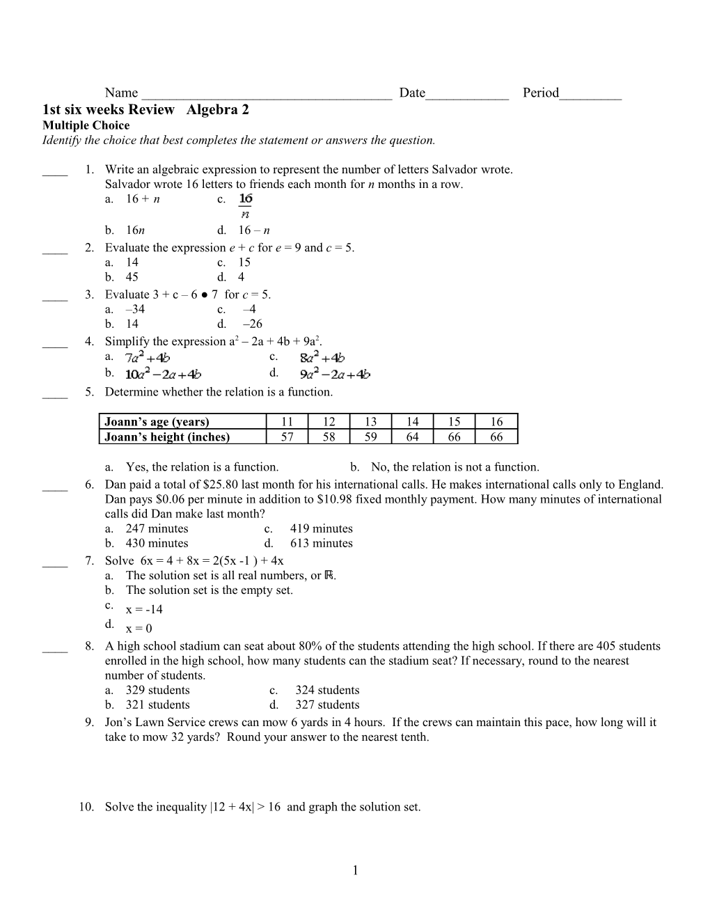 1St Six Weeks Review Algebra 2