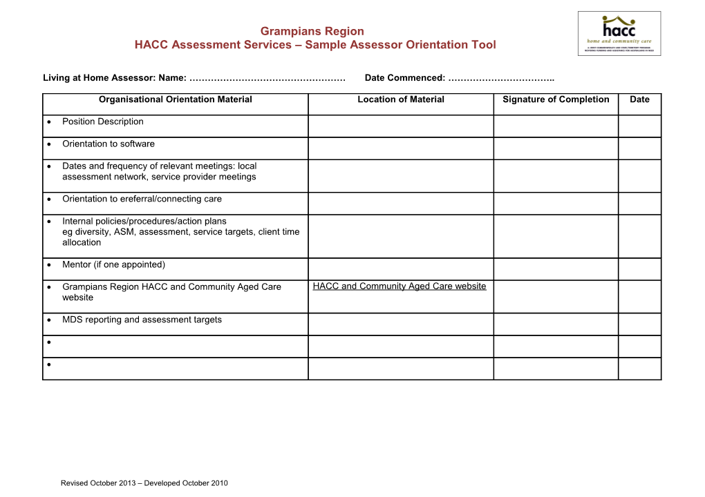 HACC Assessment Services Sample Assessor Orientation Tool