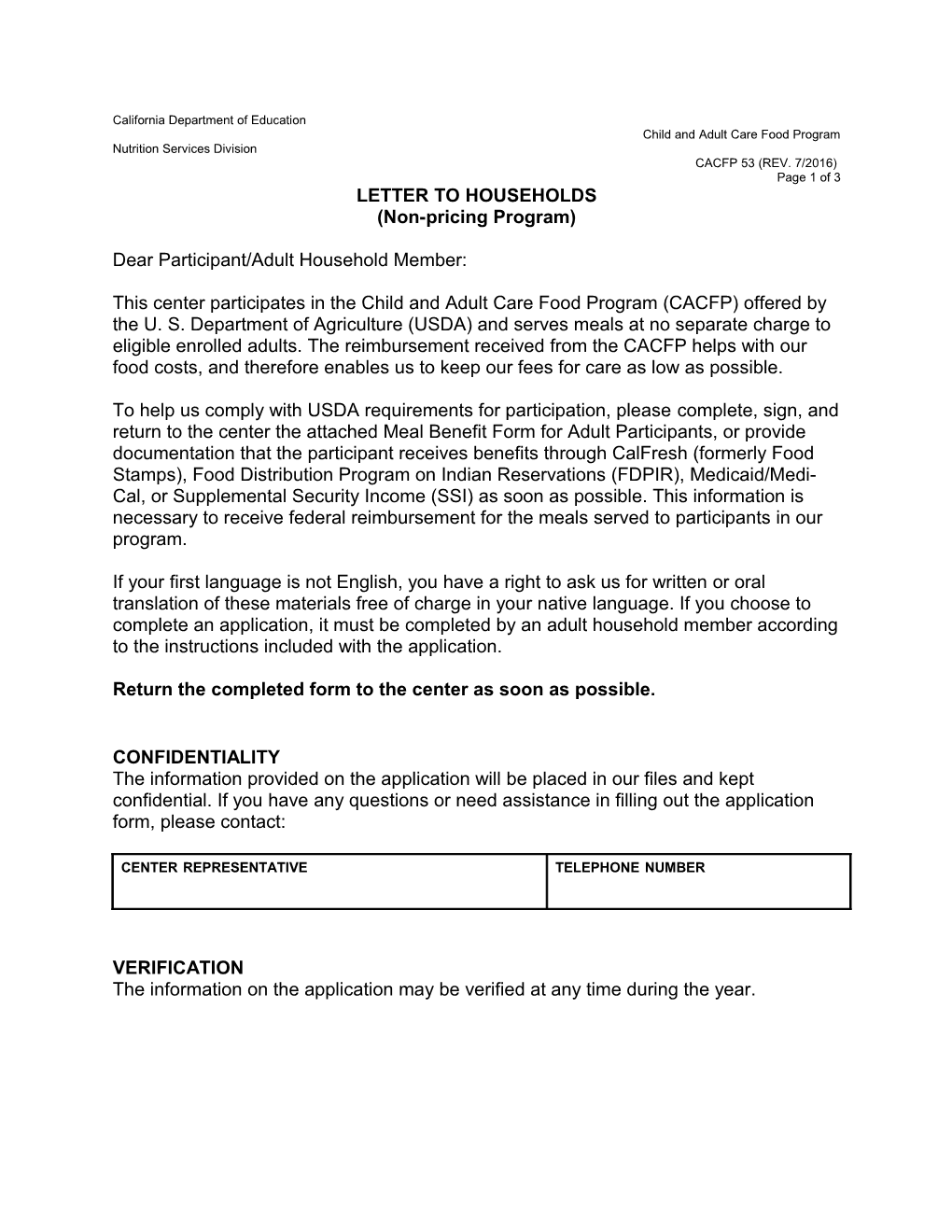Letter to Households - Child and Adult Care Food Program (CA Dept of Education)