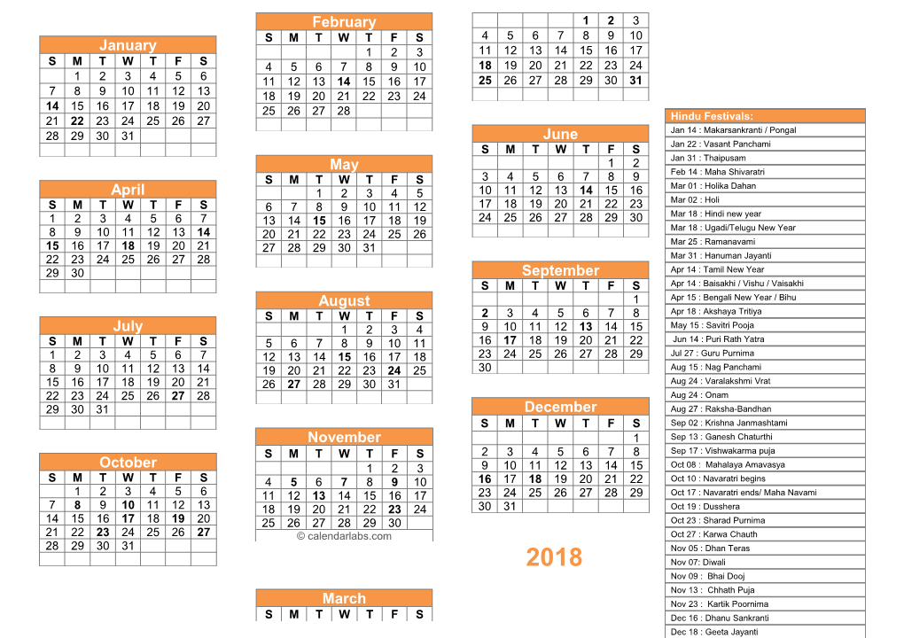 2018 Hindu Calendar - Calendarlabs.Com