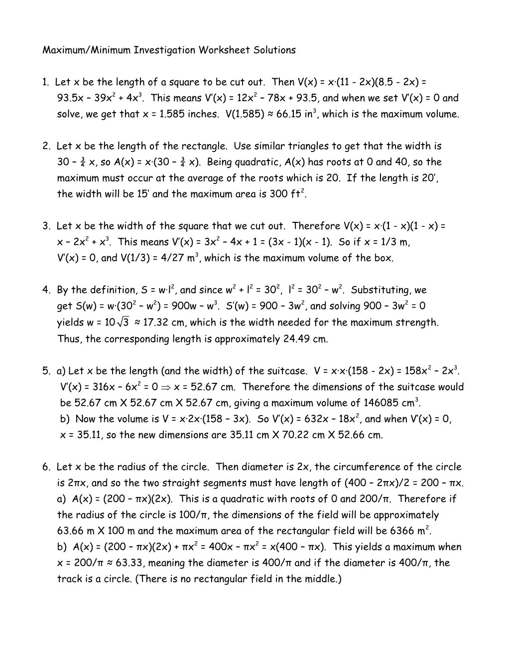 Maximum/Minimum Investigation Worksheet Solutions