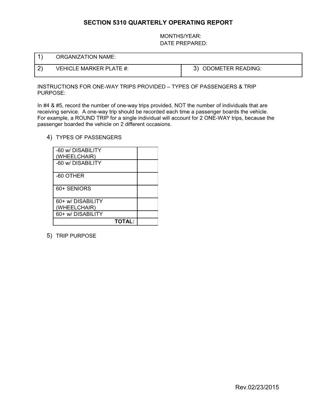 Section 5310 Quarterly Operating Report