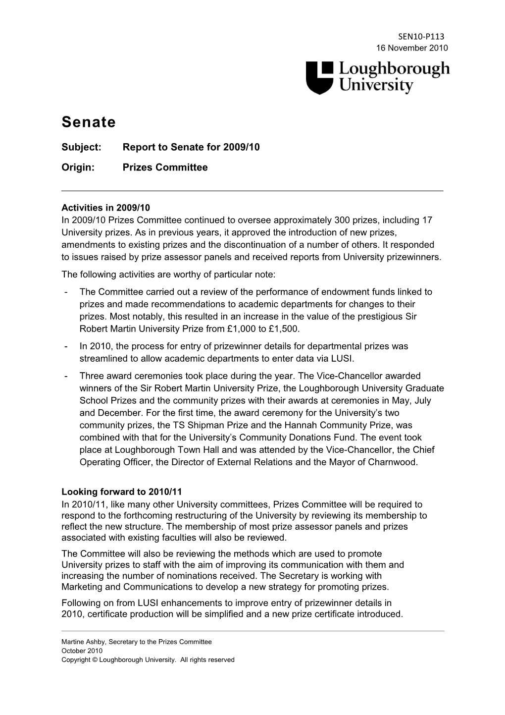 Subject:Report to Senatefor 2009/10