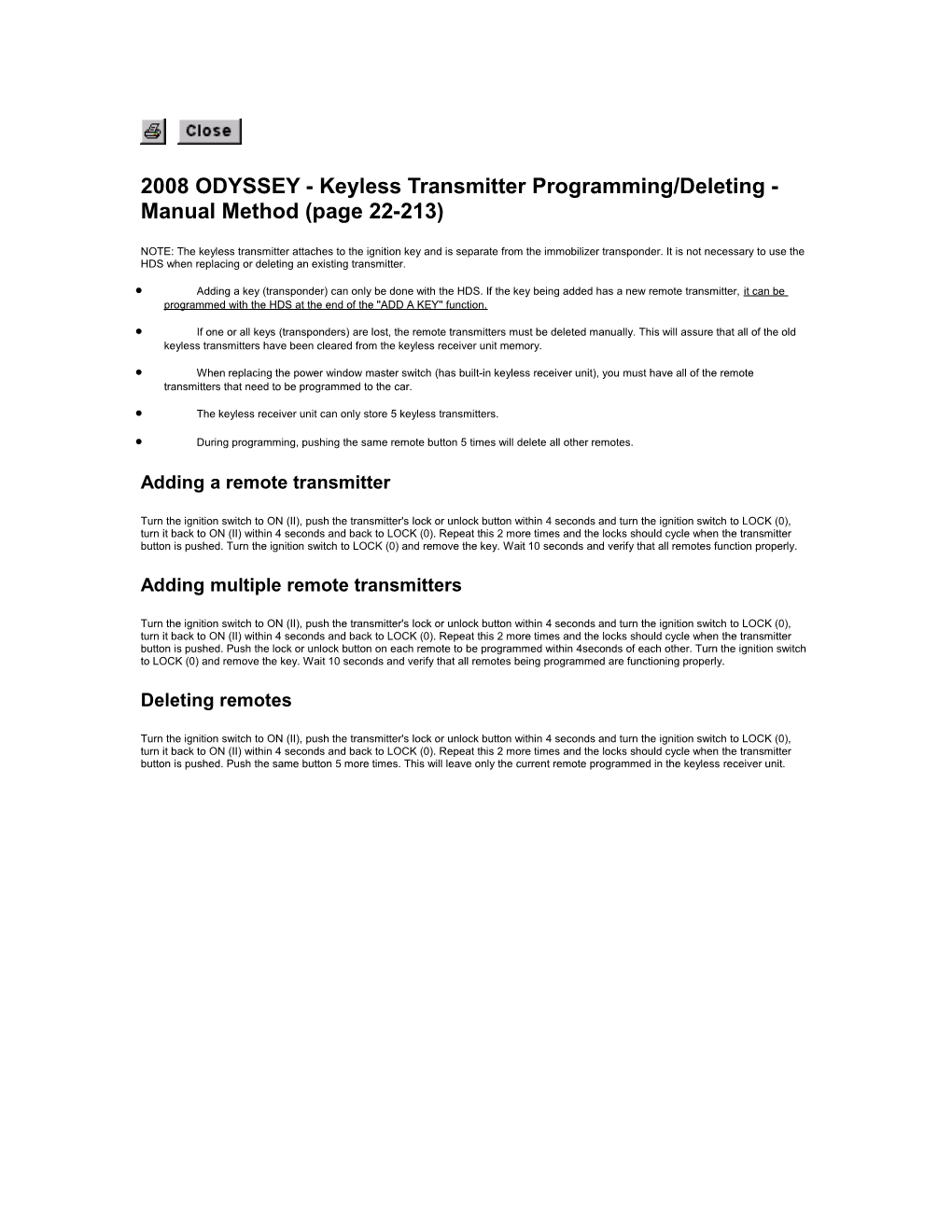 2008 ODYSSEY - Keyless Transmitter Programming/Deleting - Manual Method (Page 22-213)