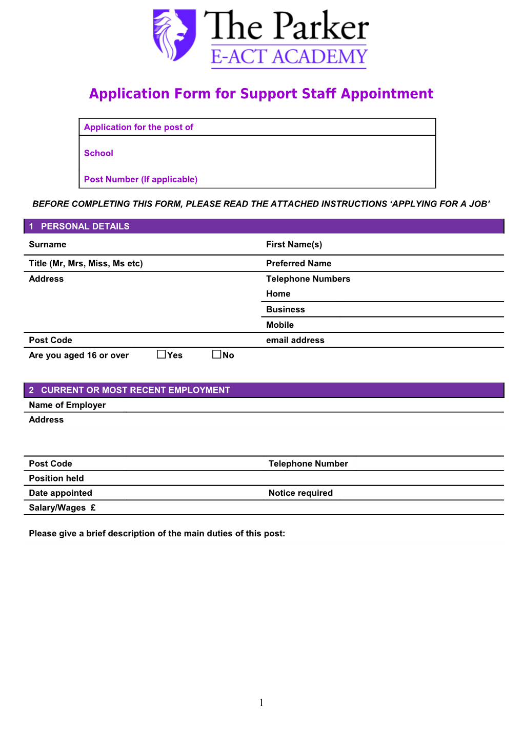 Application Form for Support Staff Appointment