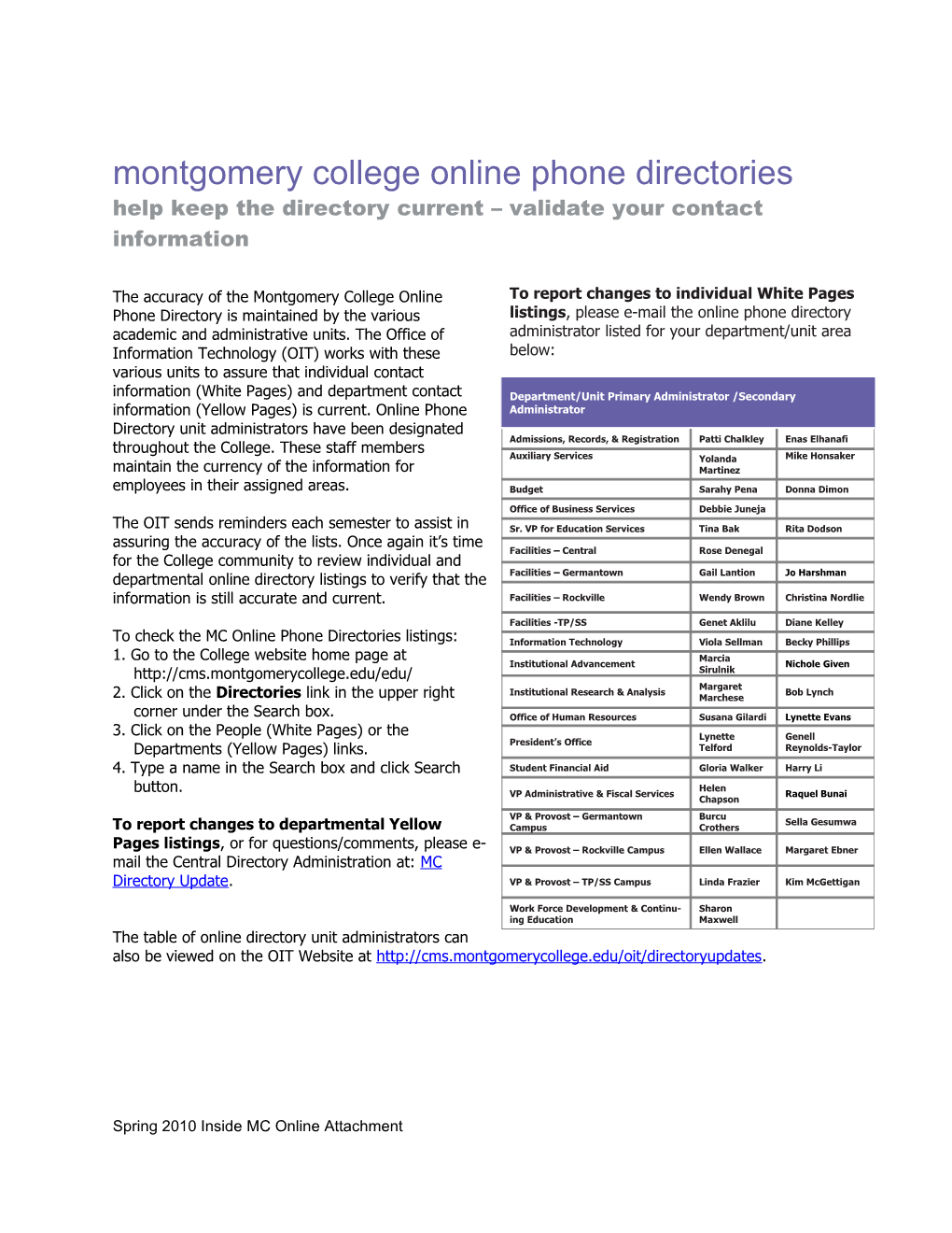 Montgomery College Online Phone Directories