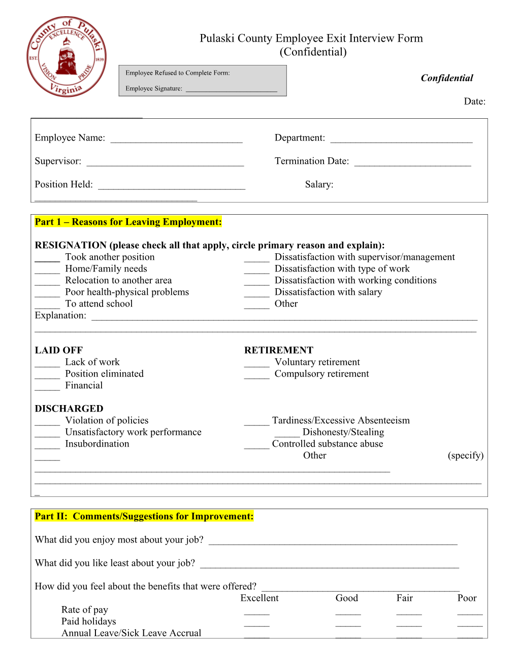 Pulaski County Employee Exit Interview Form