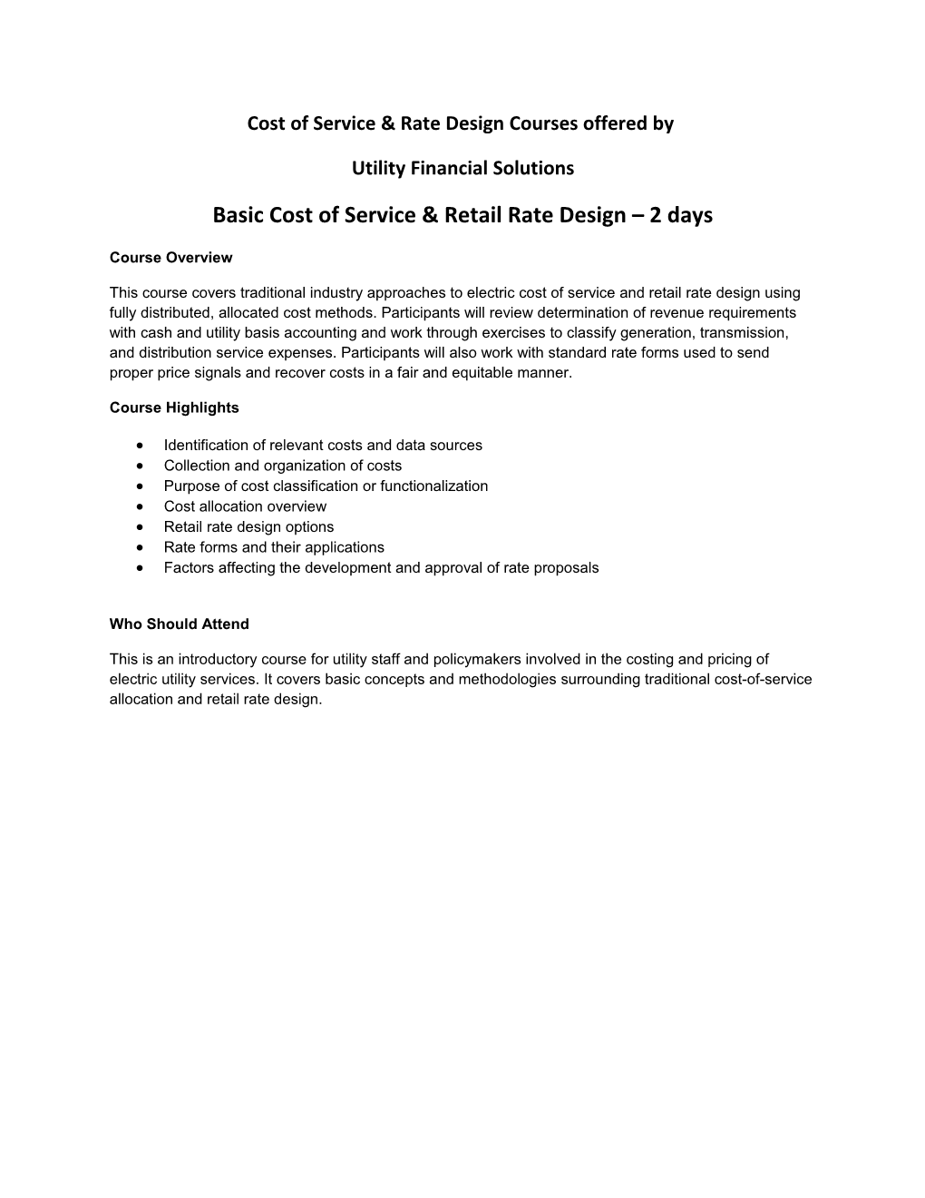 Cost of Service & Rate Design Coursesoffered By