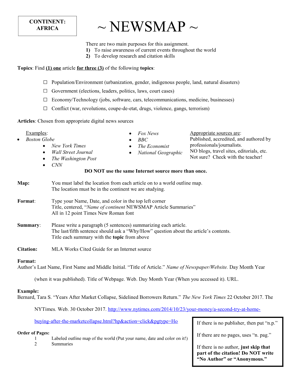 The Continental Current Event Cartography Assignment