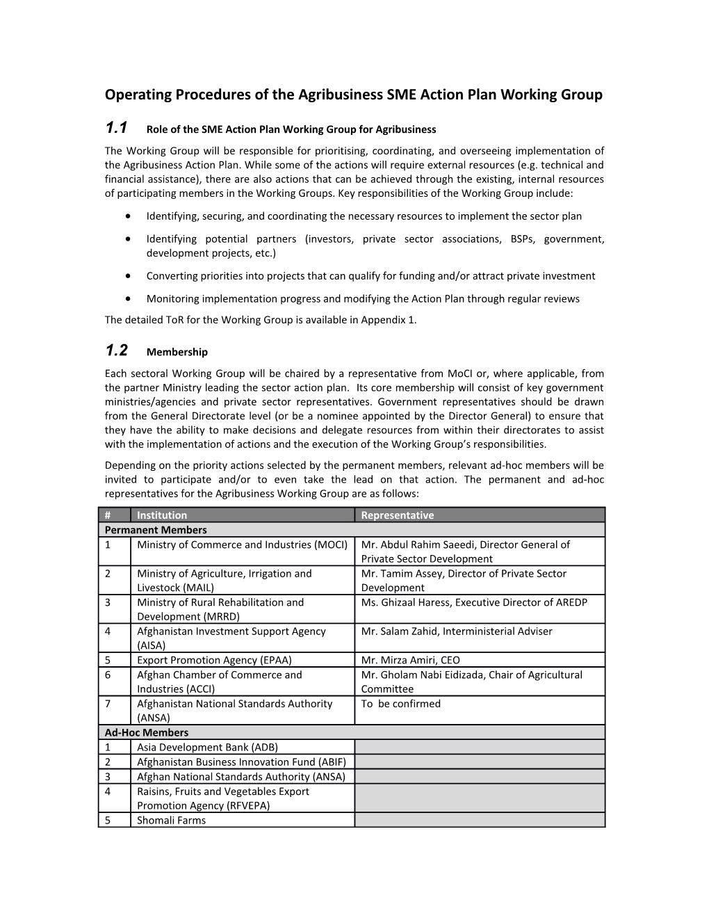 Operating Procedures of the Agribusiness SME Action Plan Working Group