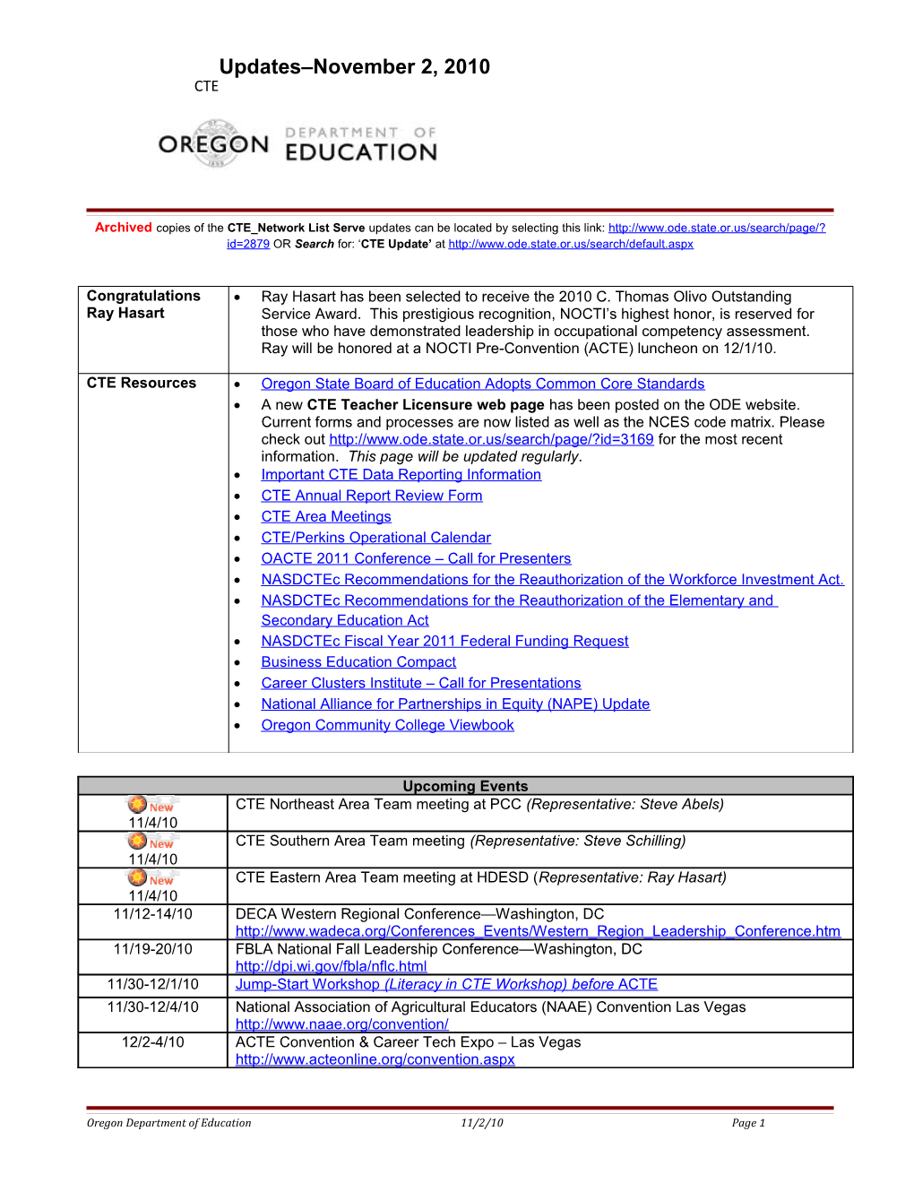 Archivedcopies of the CTE Network List Serve Updates Can Be Located by Selecting This