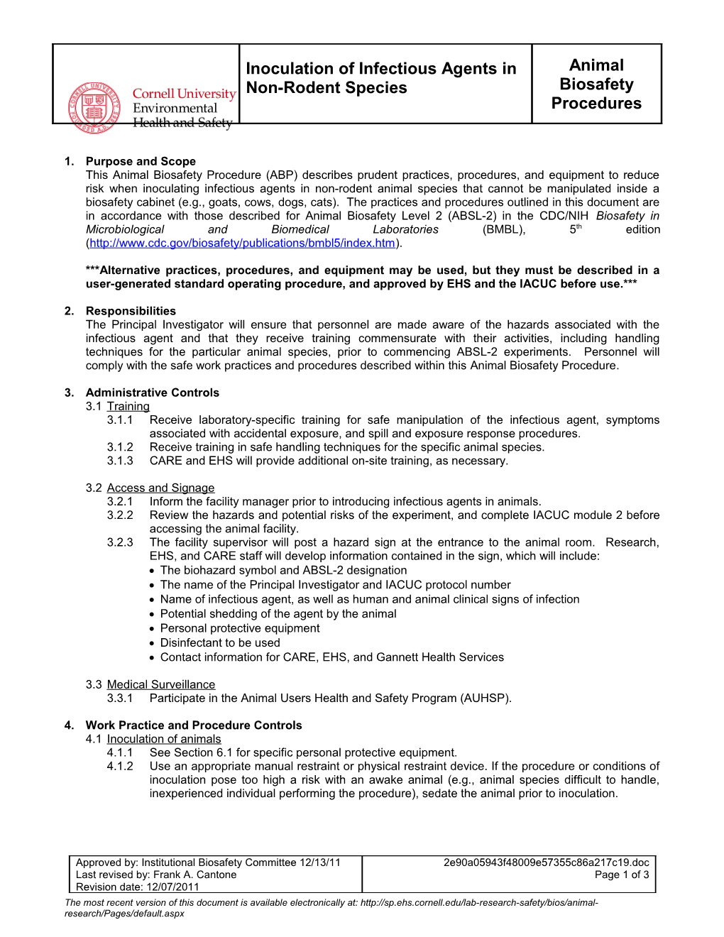 Animal Biosafety Procedures Infectious Agents Non-Rodent