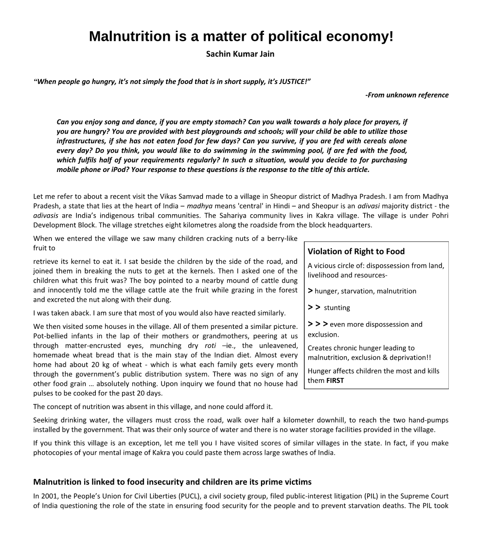 Malnutrition Is a Matter of Political Economy!