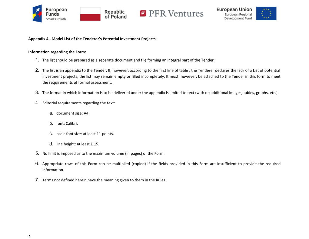 Appendix 4 - Model List of the Tenderer S Potential Investment Projects