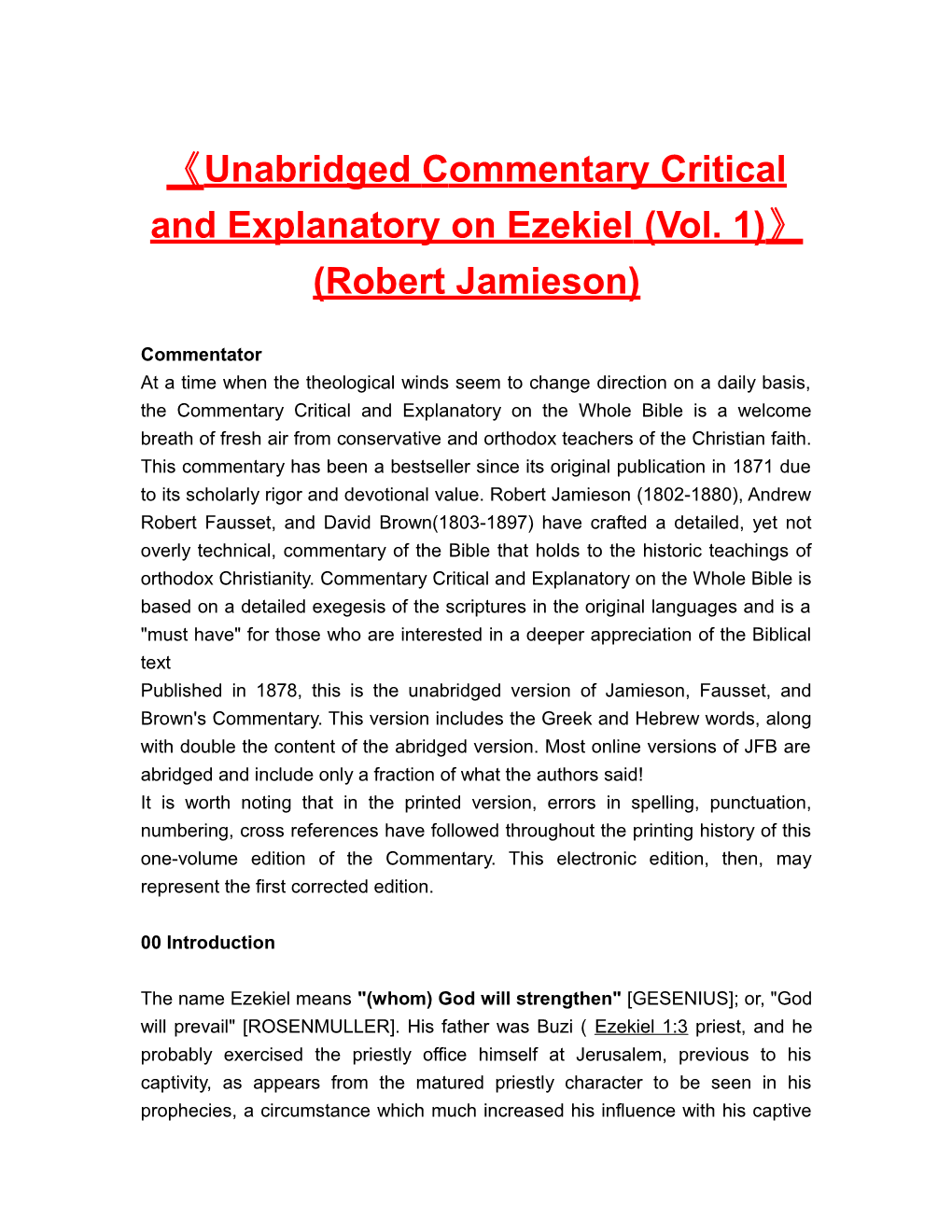 Unabridged Commentary Critical and Explanatory on Ezekiel (Vol. 1) (Robert Jamieson)