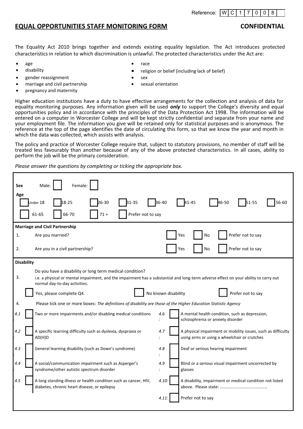 Equal Opportunities Staff Monitoring Formconfidential