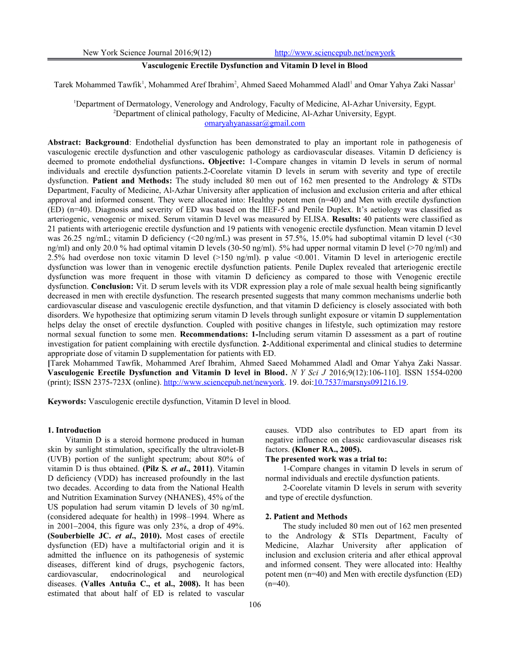 Vasculogenic Erectile Dysfunction and Vitamin D Level in Blood