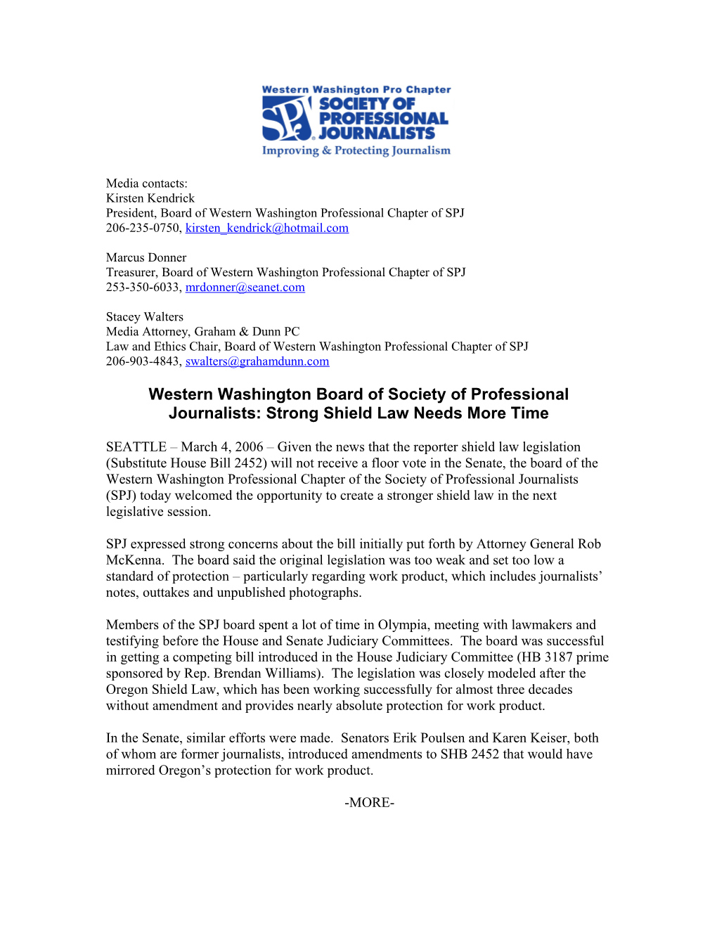 Media Contacts for Board of Western Washington Professional Chapter of SPJ