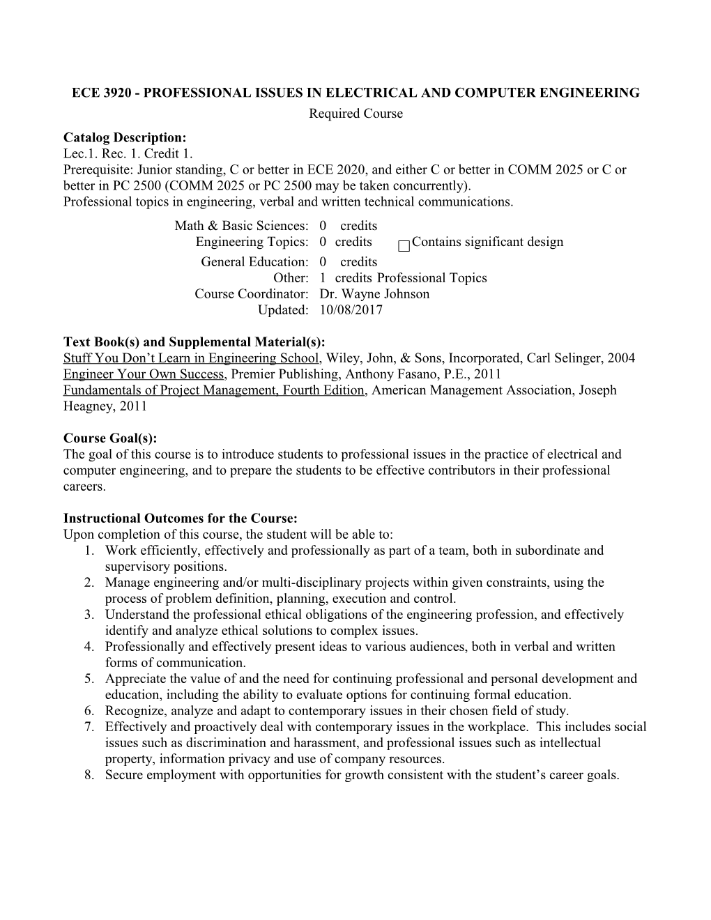 Ece 3920 - Professional Issues in Electrical and Computer Engineering