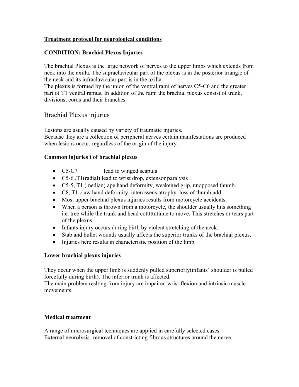 Treatment Protocol for Neurological Conditions