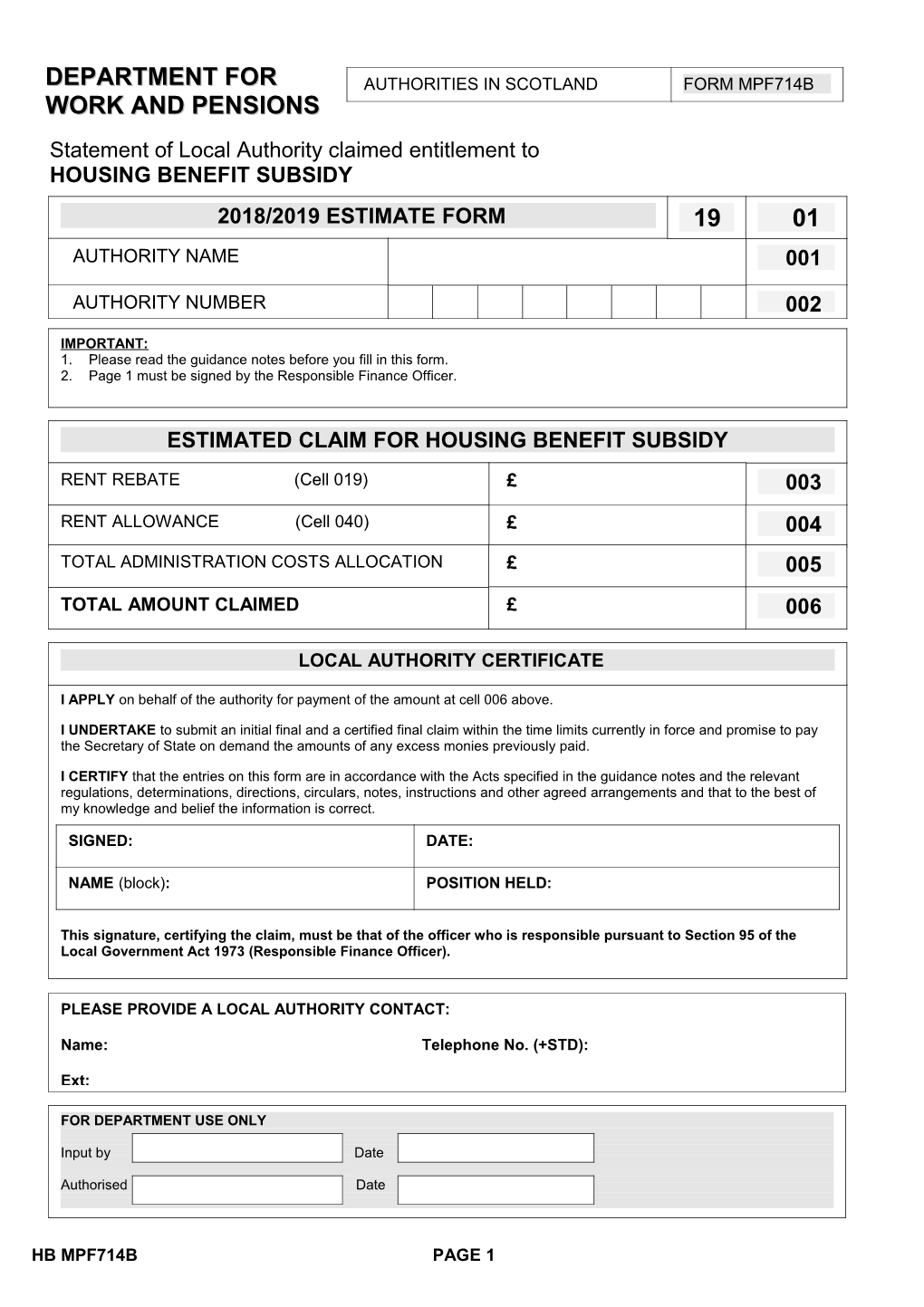 2018/19 Housing Benefit Subsidy Initial Estimate Form for Scotland