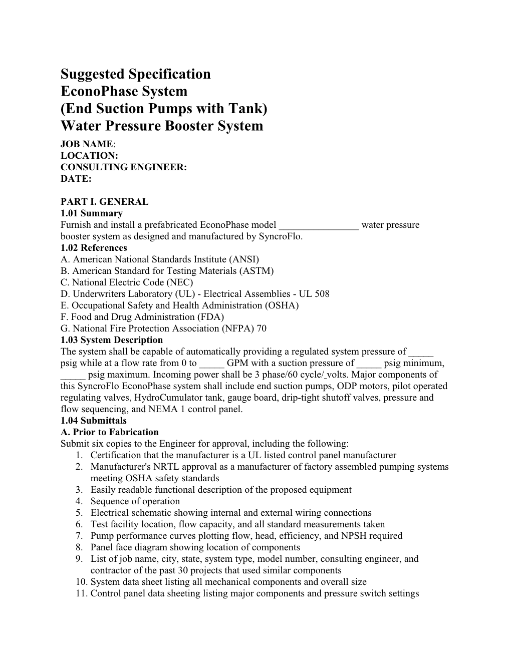 Suggested Specification Econophase System (End Suction Pumps with Tank) Water Pressure