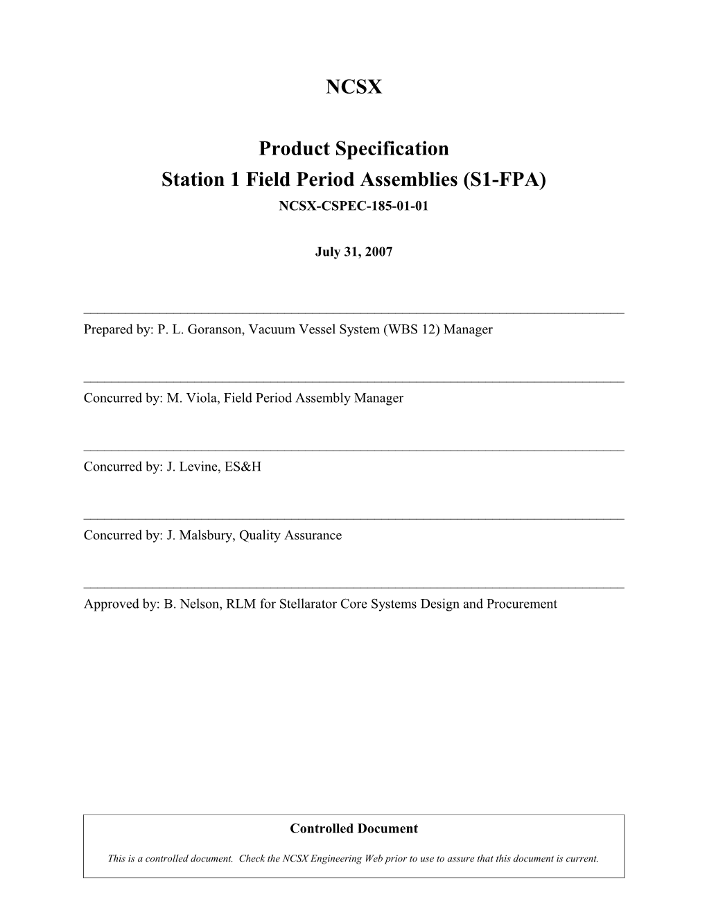 Outline for Subsystem Specifications