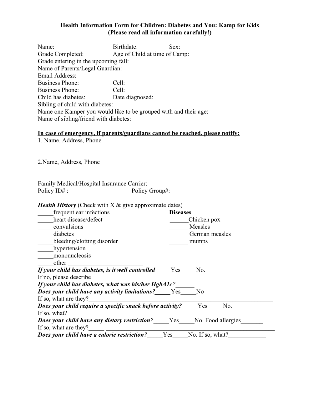 Health Information Form for Children: Diabetes and You: Kamp for Kids