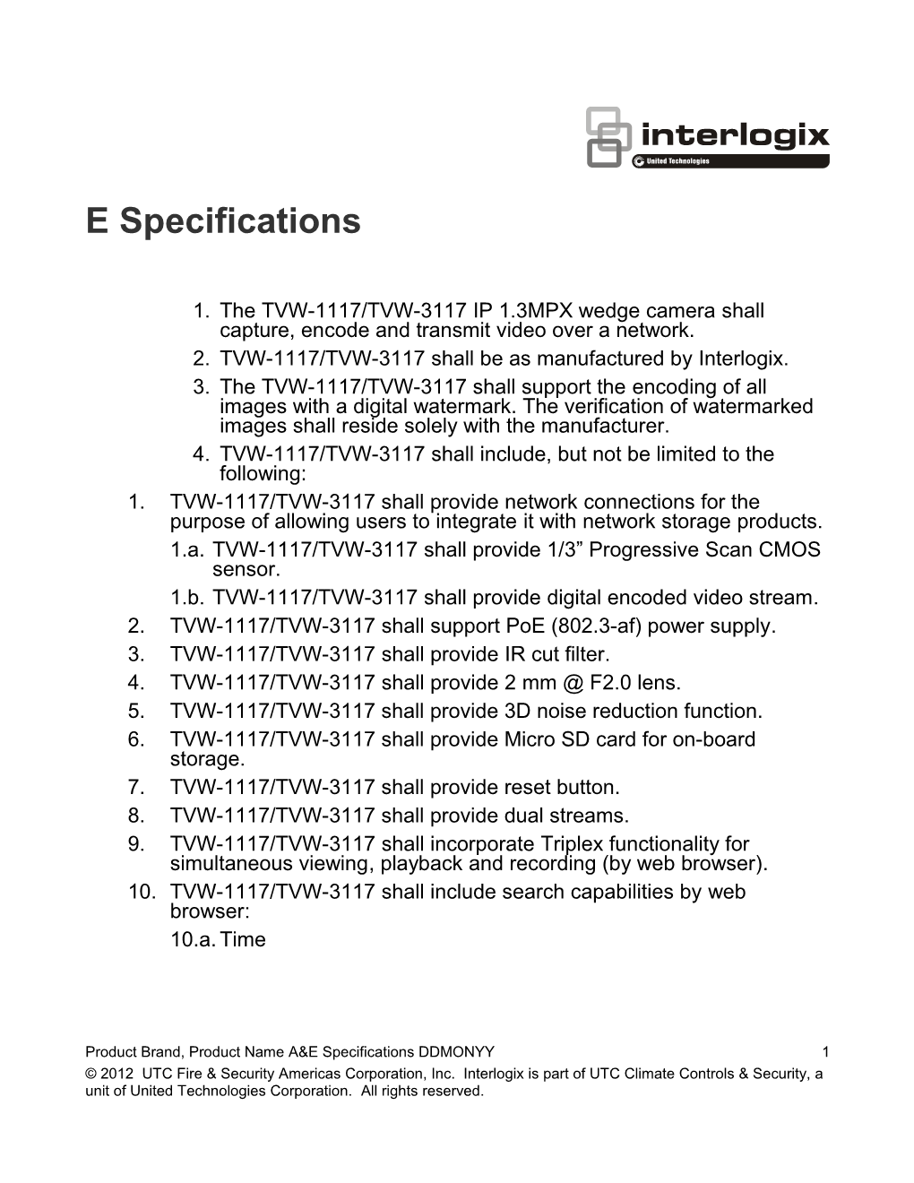 TVW-1117/TVW-3117 IP 1.3MPX Wedge Camera A&E Specifications