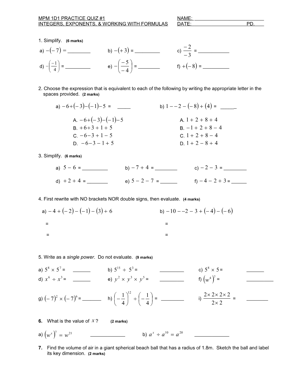 Mpm 1D1 Practice Quiz #1 Name