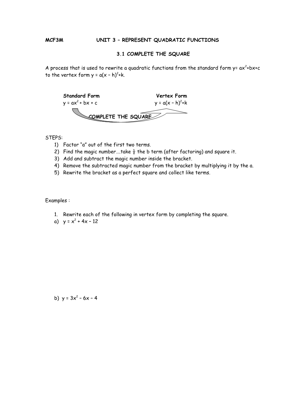 Mcf3m Unit 3 Represent Quadratic Functions