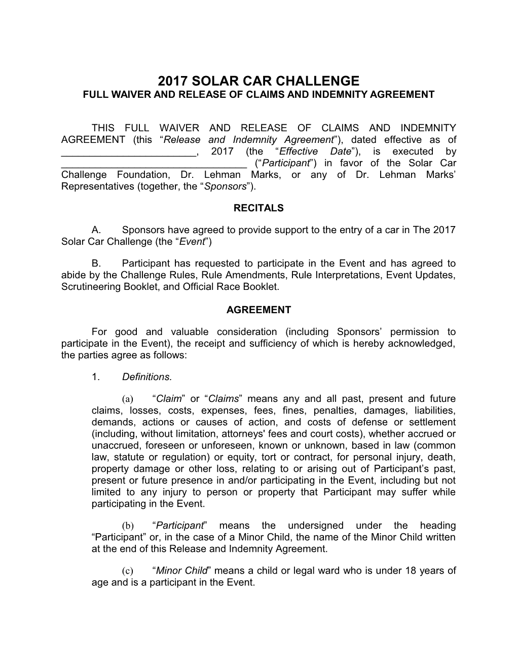 Full Waiver and Release of Claims and Indemnity Agreement