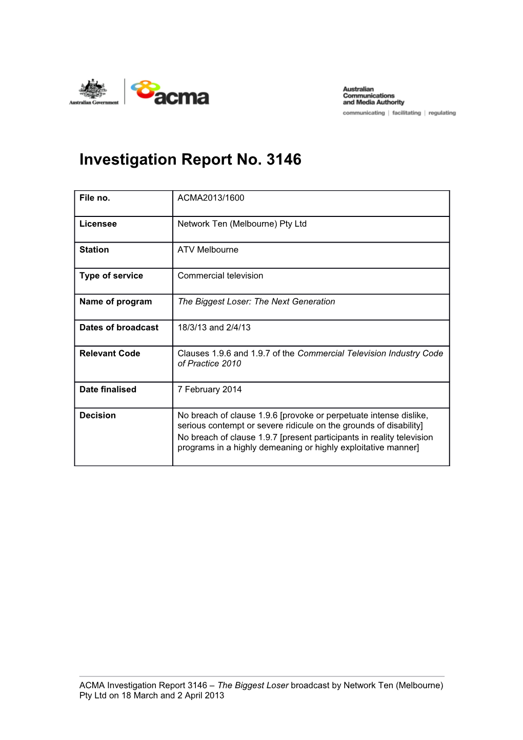 Investigation Report No. 3146