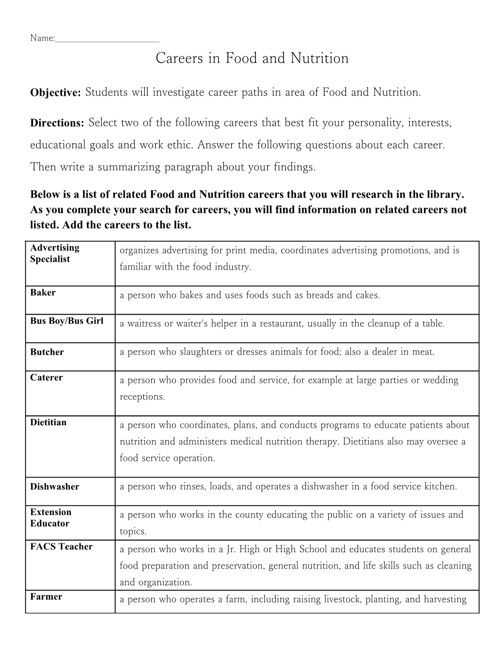 Careers in Food and Nutrition