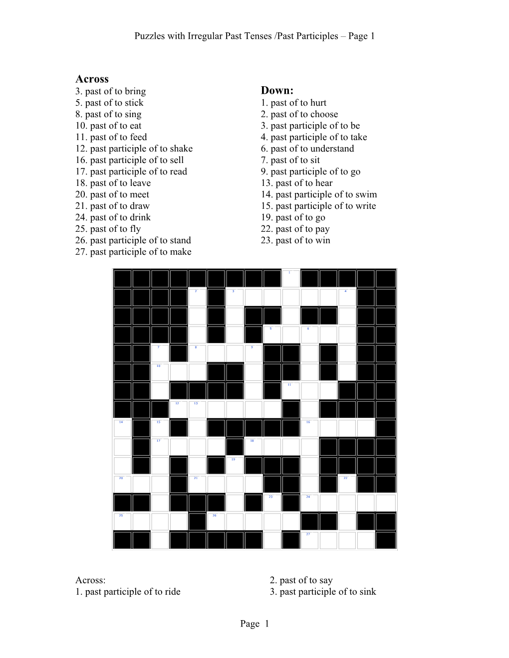 Crossword Puzzle with Irregular Verbs