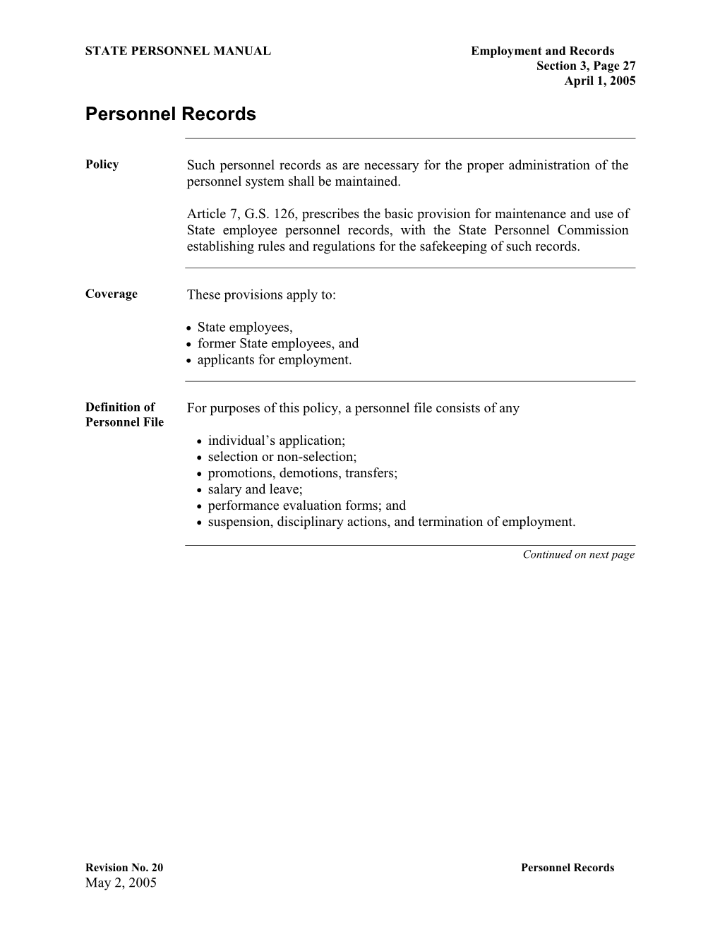 STATE PERSONNEL Manualemployment and Records