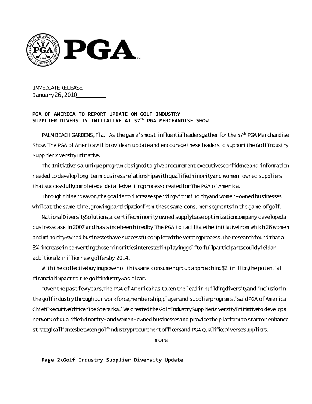 Pga of America to Report Update on Golf Industry